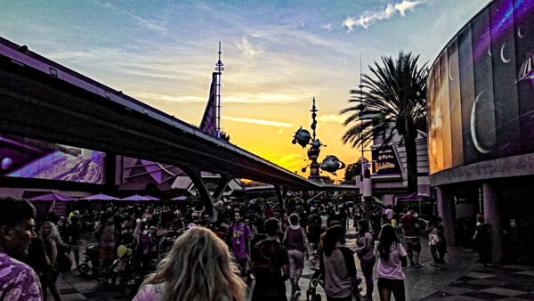 Walking through Tomorrow Land at sunset